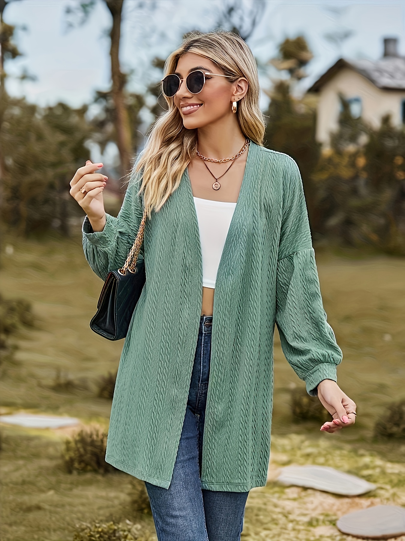 Solid Knitted Long Sleeve Open Front Cardigan