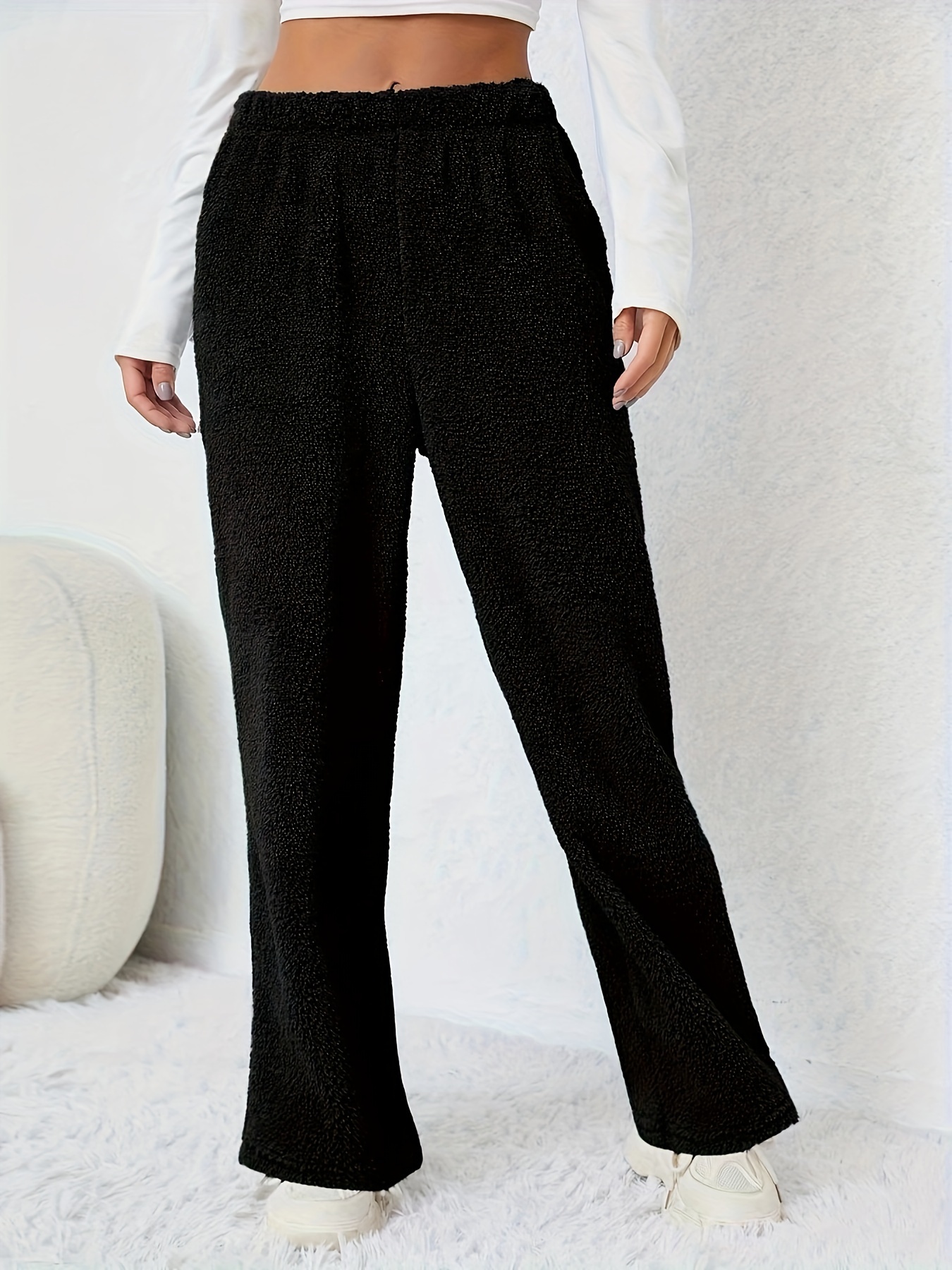 Plus Size Casual Pants Women's Plus Solid Fleece Elastic - Temu