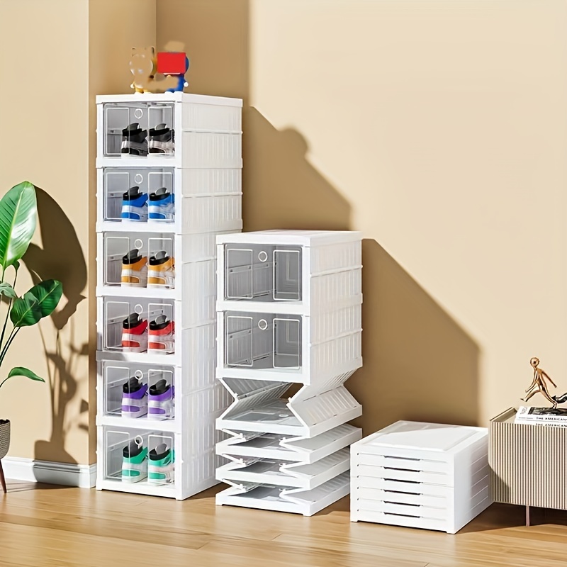 Stackable Folding Shoe Box - Free-installation Shoe Storage Cabinet For Men  And Women - Plastic Sneaker Organizer With Foldable Design - Temu Mexico