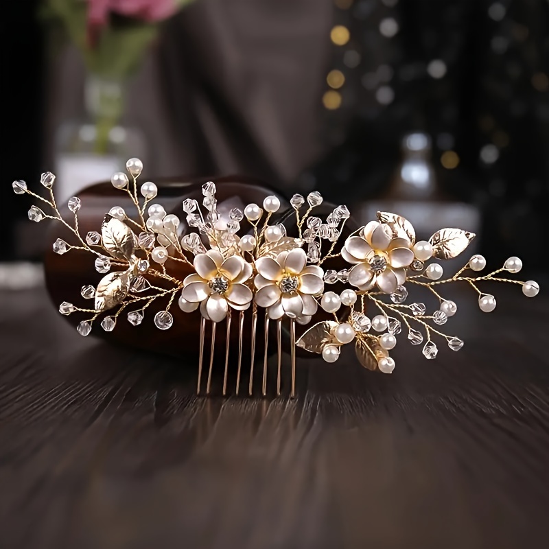 

Trendy Elegant Exquisite Golden Flower Hair Comb, Women Girls Casual Party Wedding Supplies, Princess Fairy Style Bridal Fresh Hair Accessories, Gift Photo Props