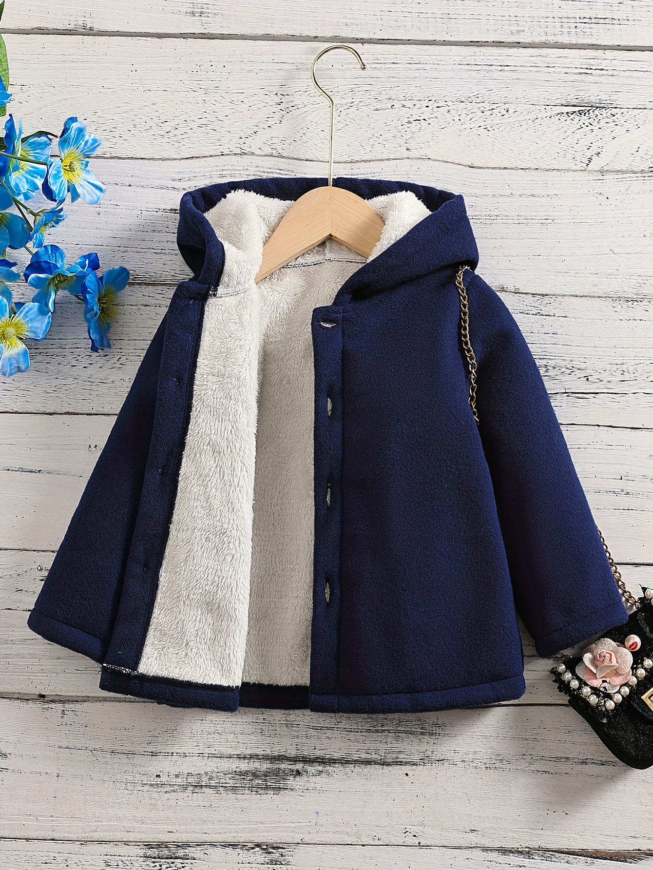 Girls' Thick Hooded Fleece Coat, Warm Button-Up Jacket