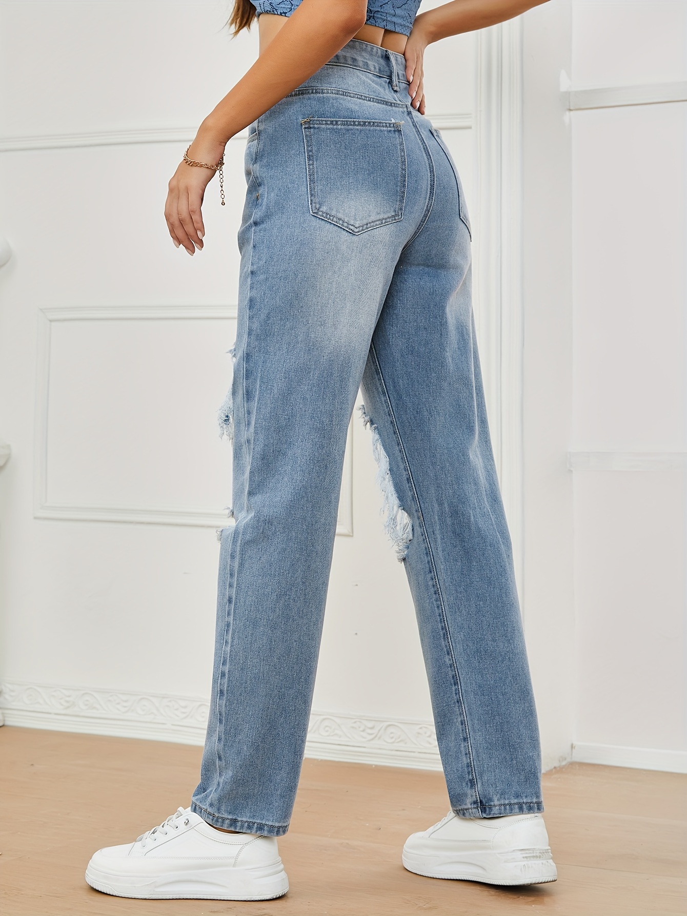 Ripped Holes Versatile Straight Jeans, High Waist Loose Fit Washed Denim  Pants, Women's Denim Jeans & Clothing