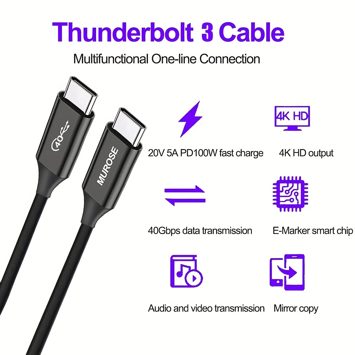 Usb4/thunderbolt 3 Cable: 40gbps Data Transfer Charging - Temu