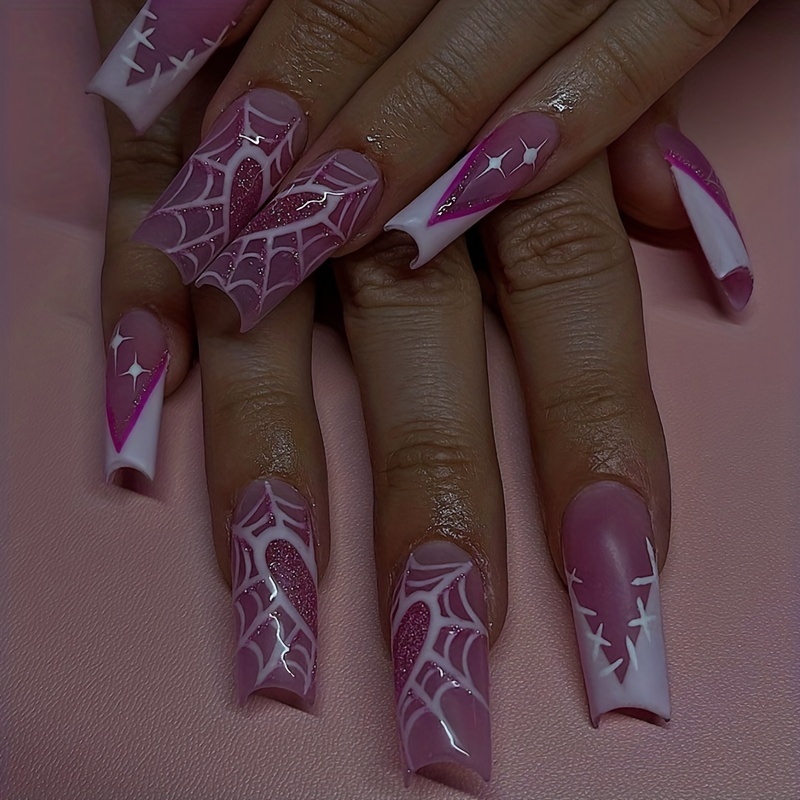 Glossy Halloween Press On Nails With Spider Web Heart Design - Full Cover  Long Coffin False Nails For Women And Girls - Temu