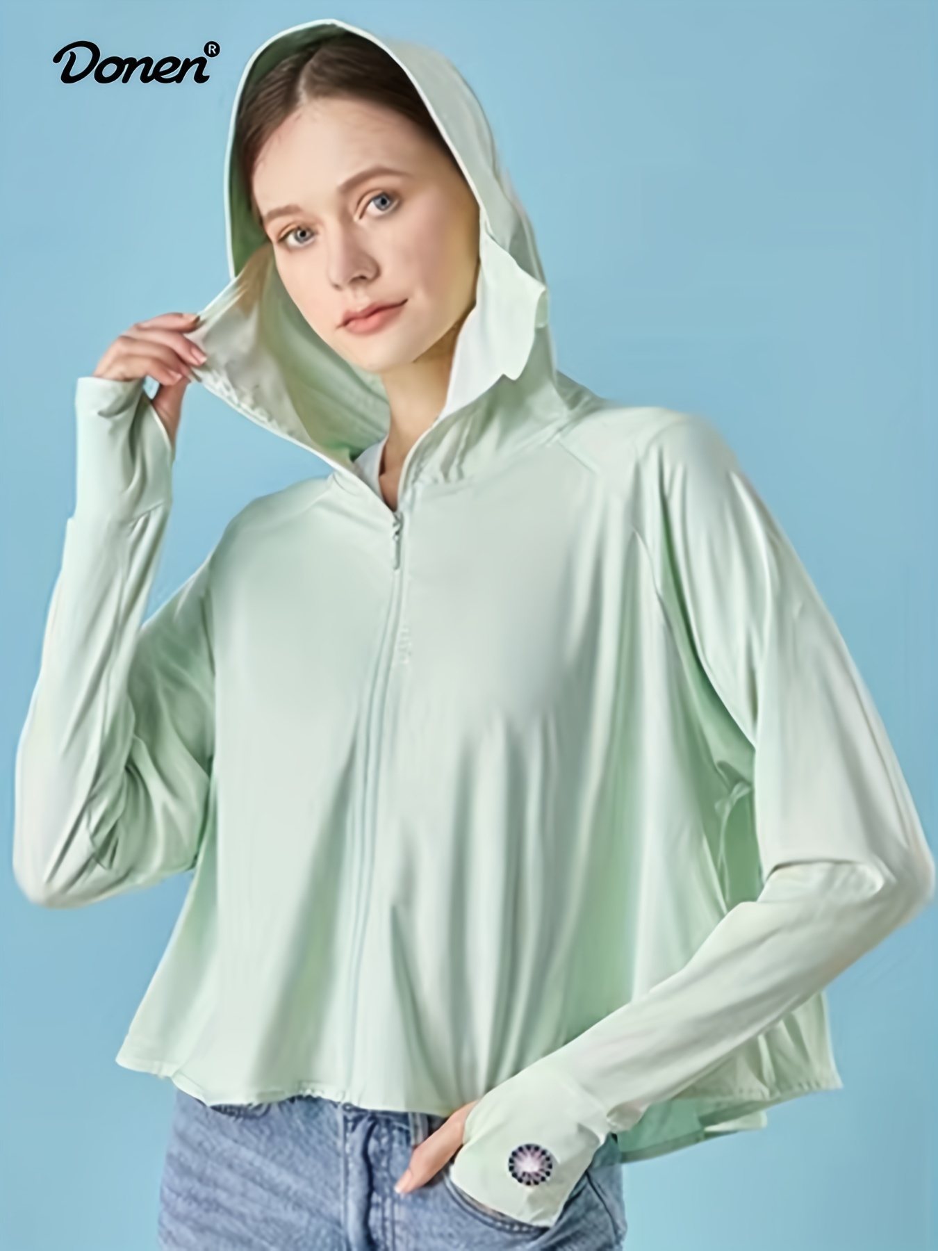 Women's Uv Protection Sun Shirt Hood Thumb Holes Zipper - Temu