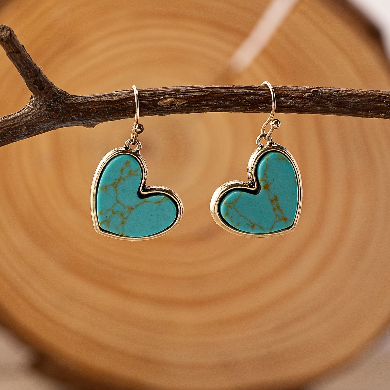 

Heart Shape Turquoise Inlaid Dangle Earrings Retro Bohemian Style Holiday Ear Ornaments Gift For Lovers