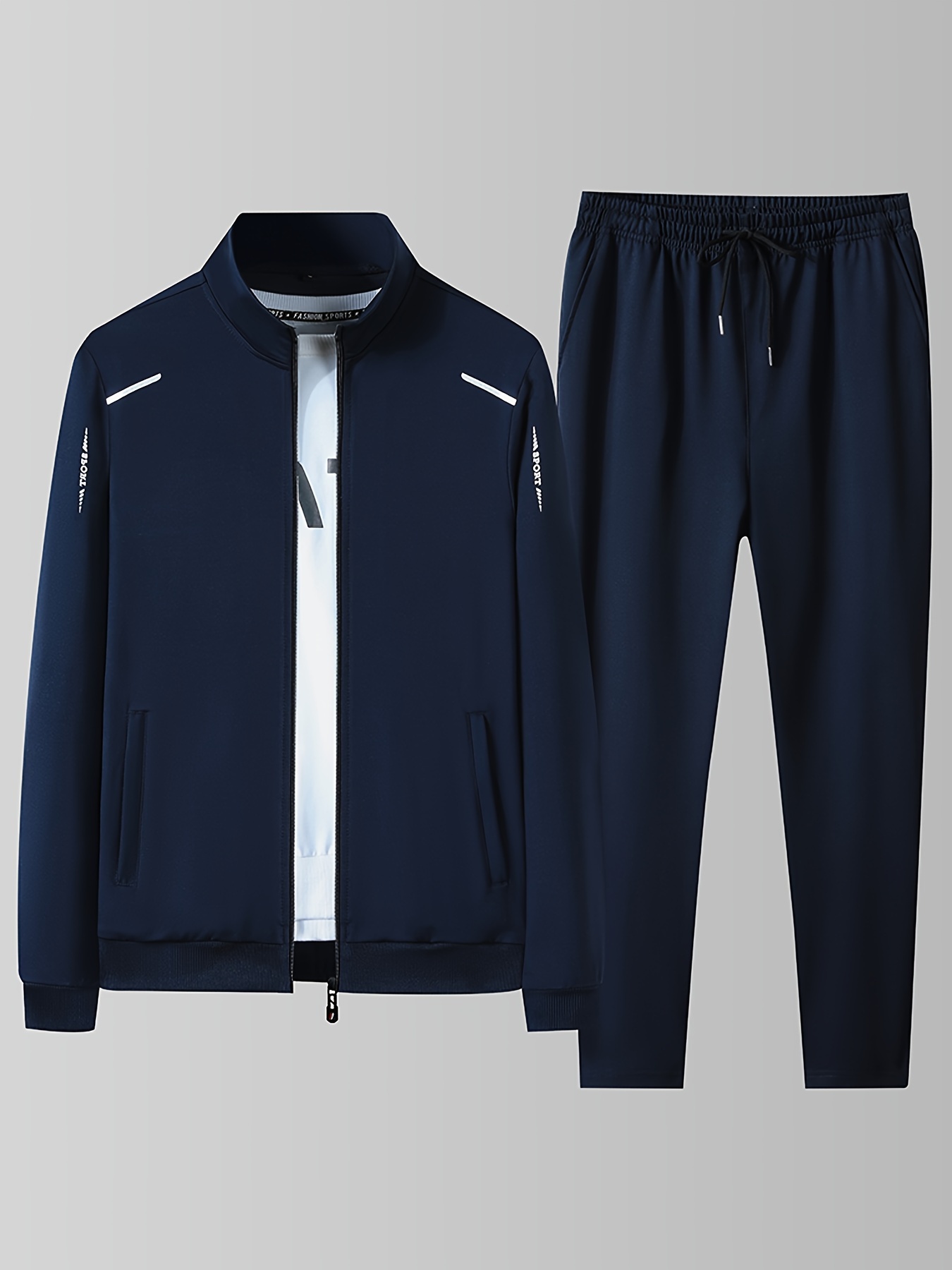 mens athletic tracksuit solid color zip up stand collar jacket and casual loose comfy pants sets