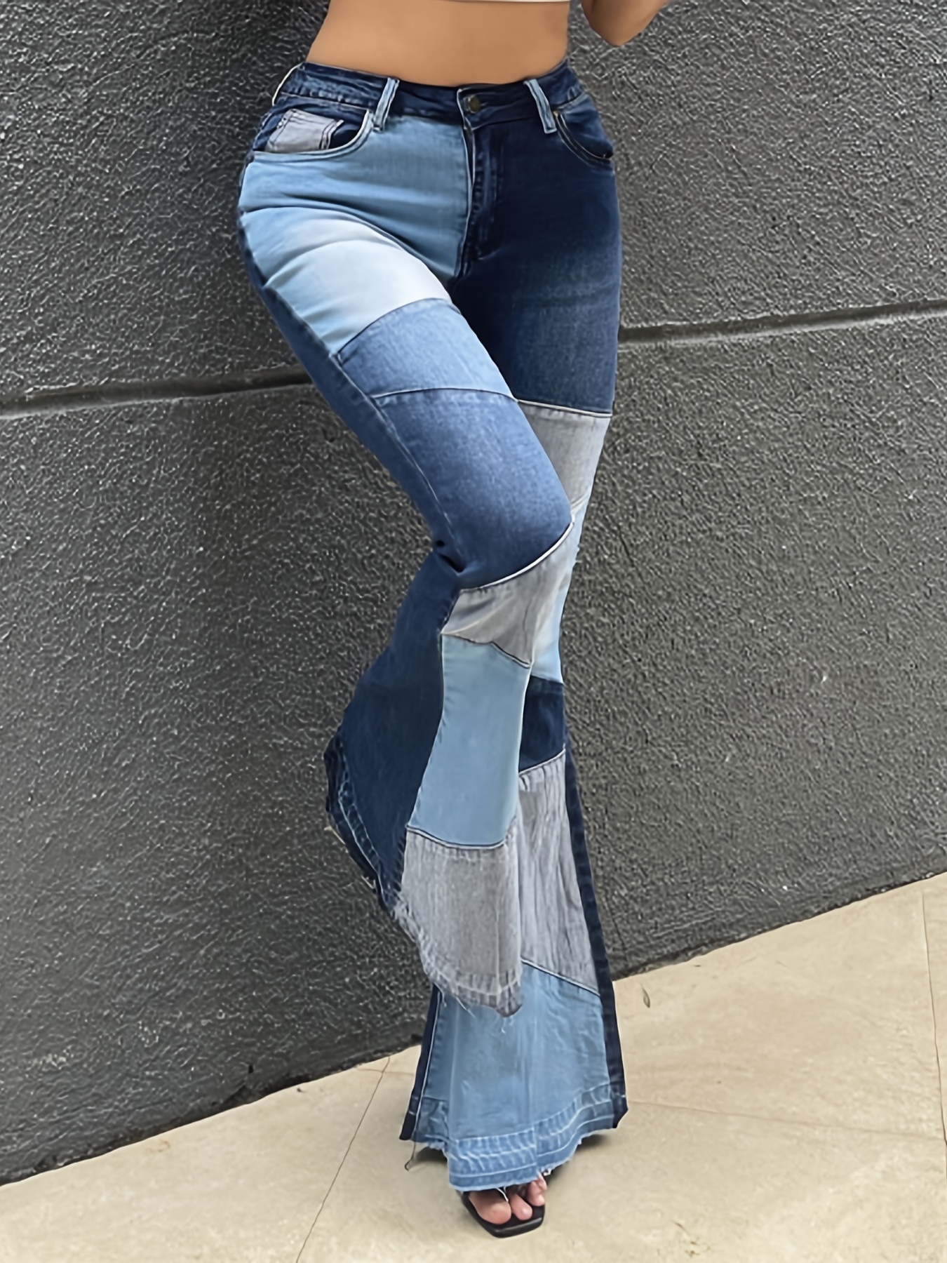 High Colorblock Bell Bottom Wide Legs Flare Jeans High - Temu