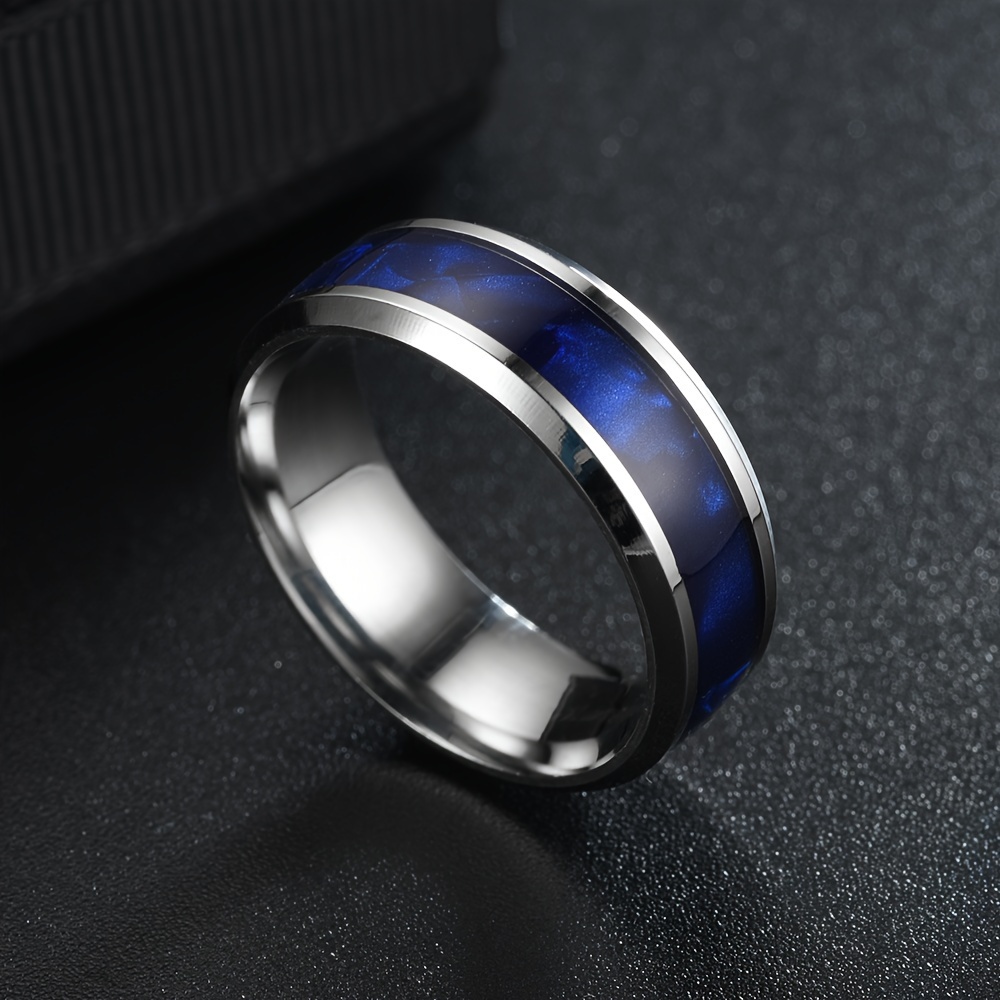 1pc European And Ring With Blue Inlay, Versatile 304 Stainless Steel Jewelry