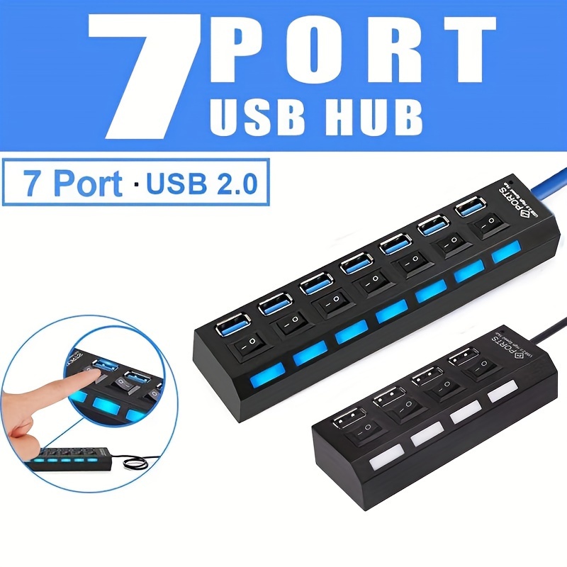 Multiprise Cable Cordon Adaptateur 7Port HUB USB 2.0 Splitter ON/OFF Switch  Noir