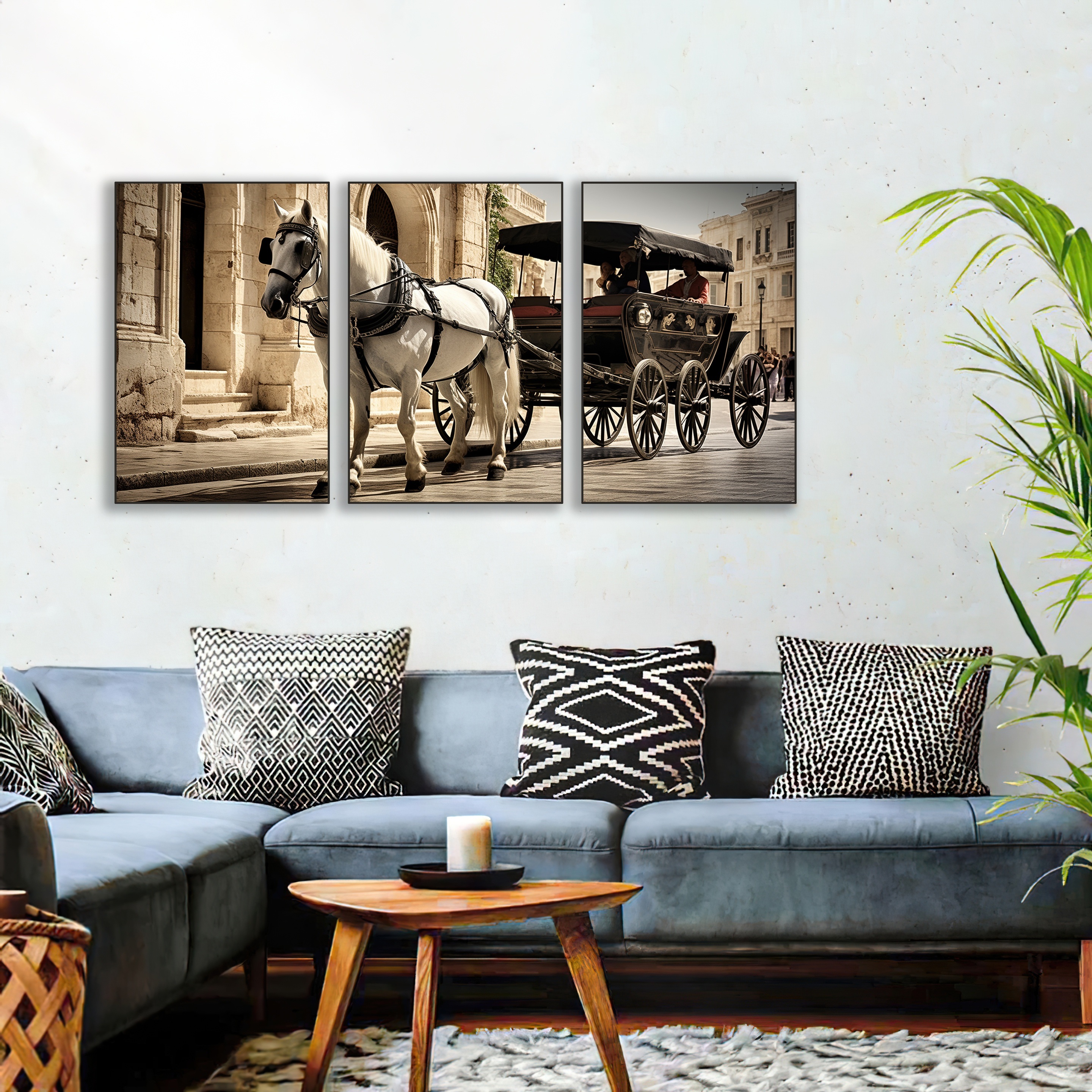 キャンバスウォールアート絵画、アートワーク壁画、リビングルーム、ベッドルーム、バスルーム、オフィス、廊下の壁の装飾、フレームなし　3枚/セット　レトロキャンバスプリントポスター、歴史あるグアダラハラメキシコで観光客を待つ馬車　Temu　Japan