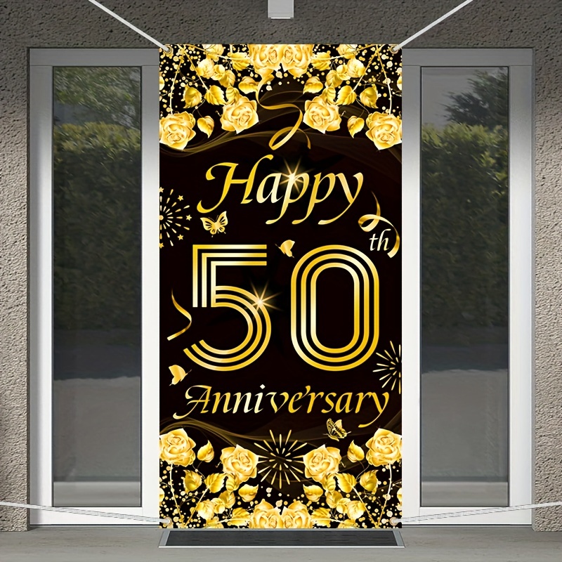 Goldenes 50. Hochzeitsjubiläum Banner – 37x274 Cm, Schwarz-gold, Für Innen & Außen, Mit Metallöse