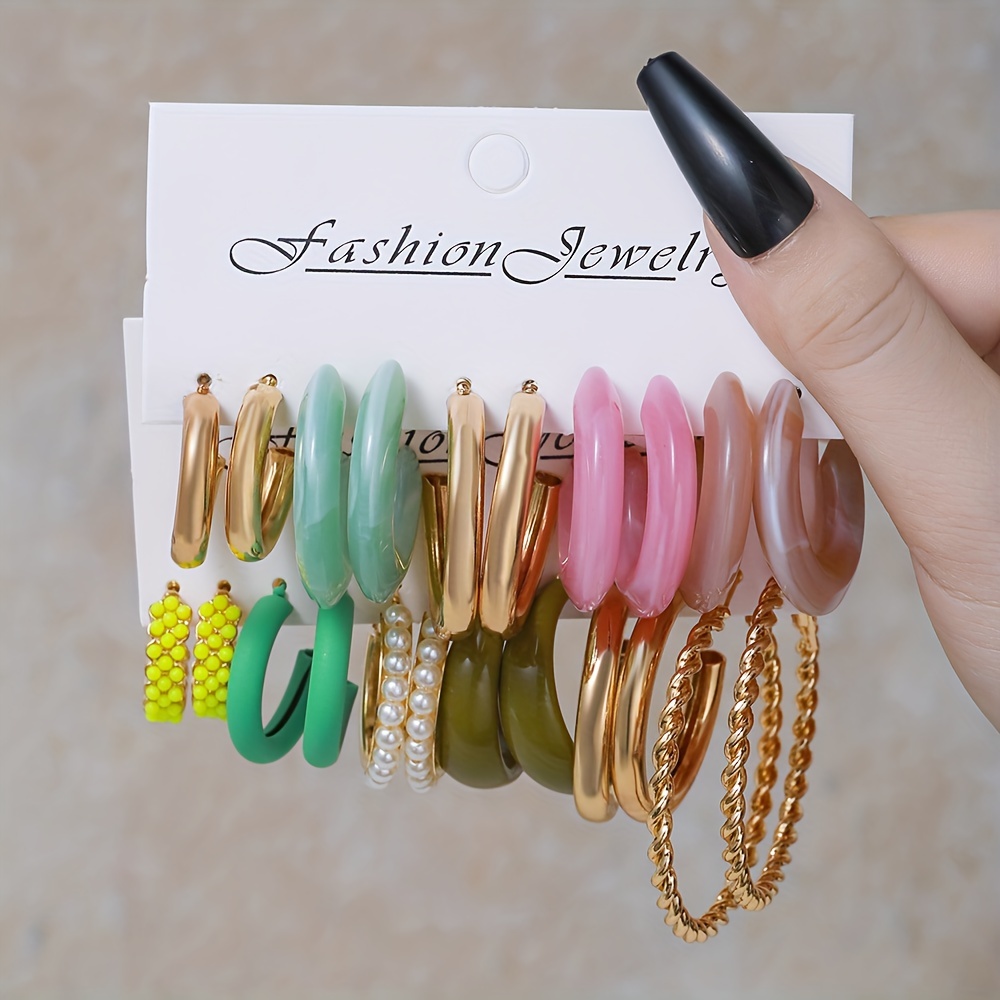 12 Pairs Acrylic Hoop Earrings Set For Women - Colorful C-Shaped Vintage Style Resin Earrings, Fashion Jewelry Gift