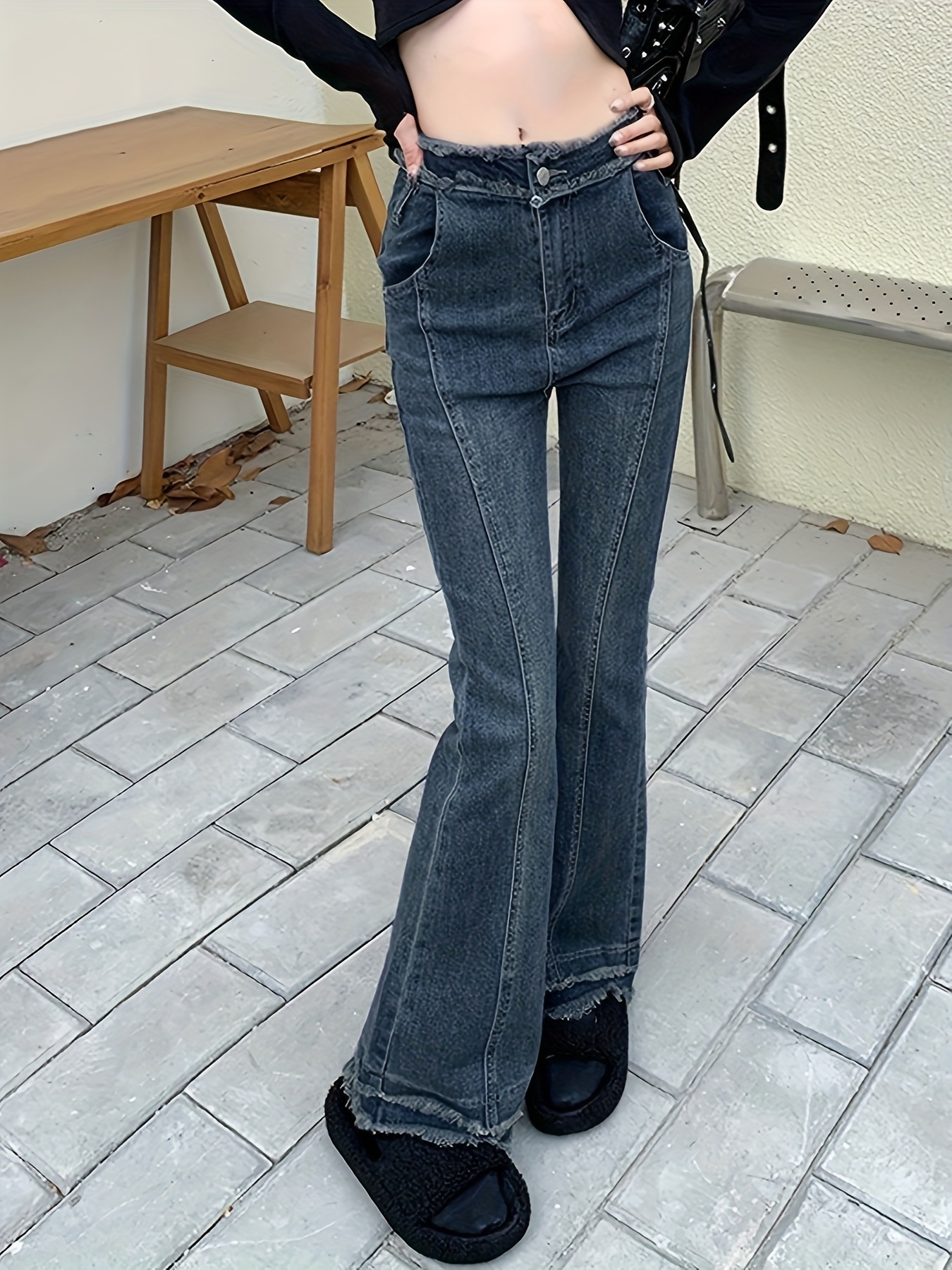Y2K Style Washed Flare Jeans, Slant Pockets High Stretch Bell Bottom Jeans,  Women's Denim Jeans & Clothing