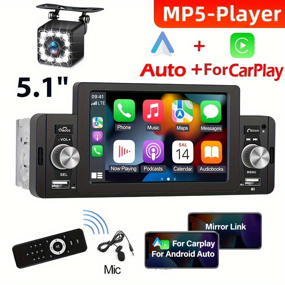 CAMECHO Estéreo de coche de un solo DIN con Carplay y Android Auto Radio,  5.1 ''IPS pantalla táctil Bluetooth receptor de audio para coche con enlace