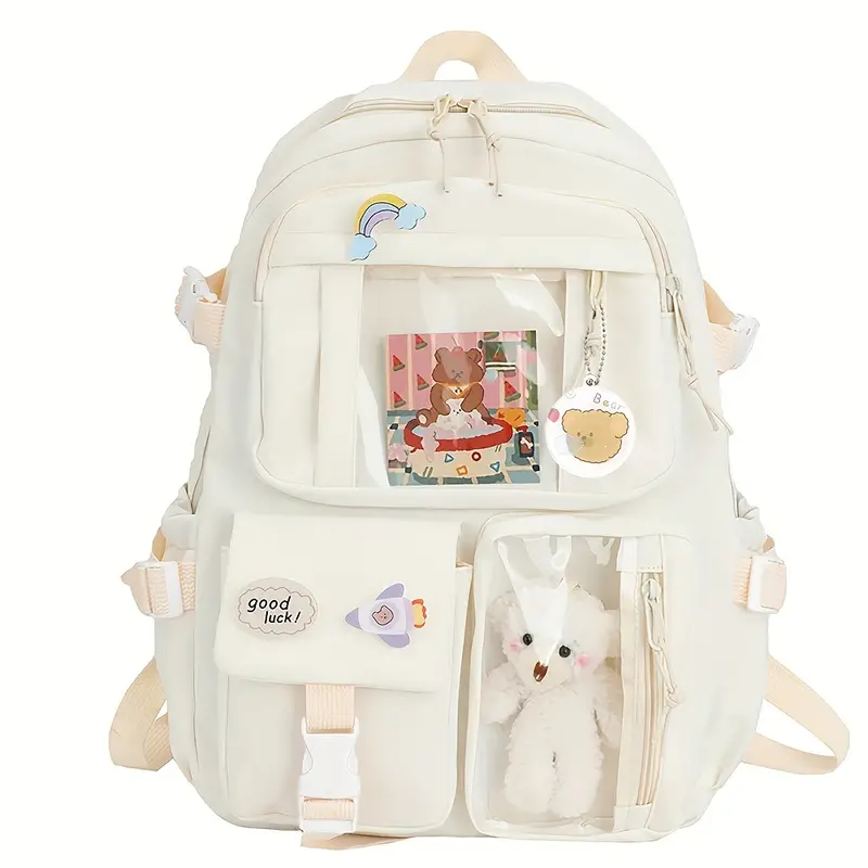Kawaii Backpack With Kawaii Pins And Accessories, Large Capacity Cute Bear Accessories Backpack For School Multi-pocket Kawaii Tote Beige single pack