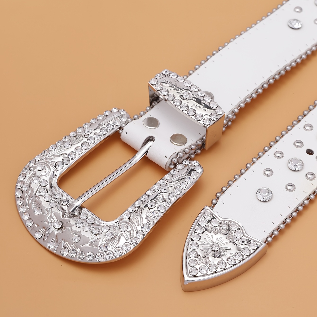 White Rhinestone Inlaid Y2K Belts Cross Rivet Studded Sparkling PU  Waistband Hip Hop Jeans Pants Belt For Women & Men