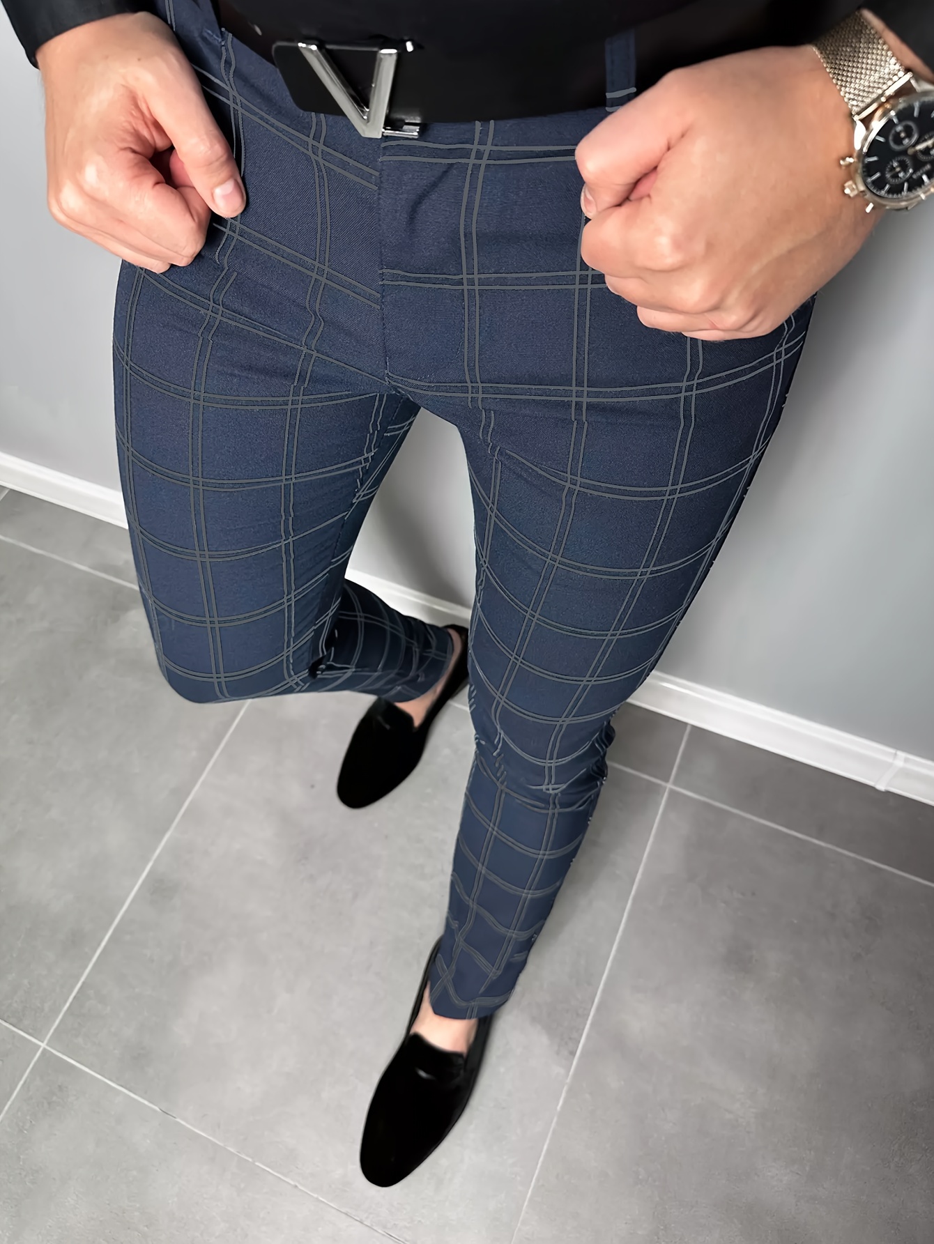 Slim Fit Plaid Slacks Men's Casual Vintage Style Slightly - Temu