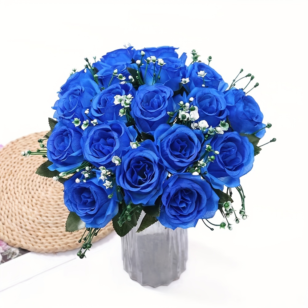  oAutoSjy Ramos de flores artificiales de rosas azules, 12  unidades, con hojas verdes, ramo de boda, flores de seda falsa con tallos  largos, flores de rosas sintéticas, arreglos florales, centros de