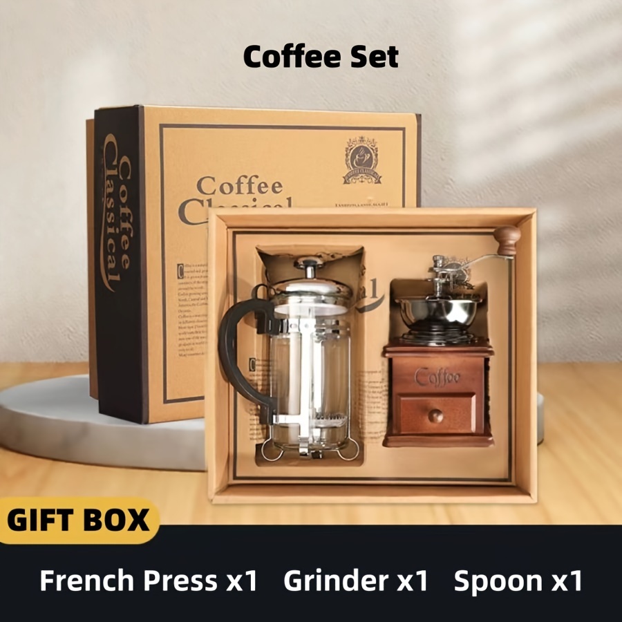 1set Wooden Classic Vintage Mini Manual Bean Grinder Press Pot Set Kitchen  Coffee Utensils Home Handheld Coffee Bean Grinder Gift Box Set Of Boutique