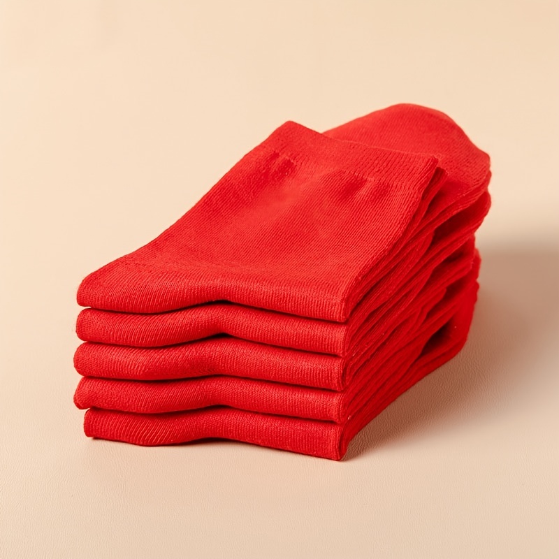 [5 pares] Calcetines rojos de tubo medio, calcetines transpirables suaves y  livianos, medias y calcetería de mujer