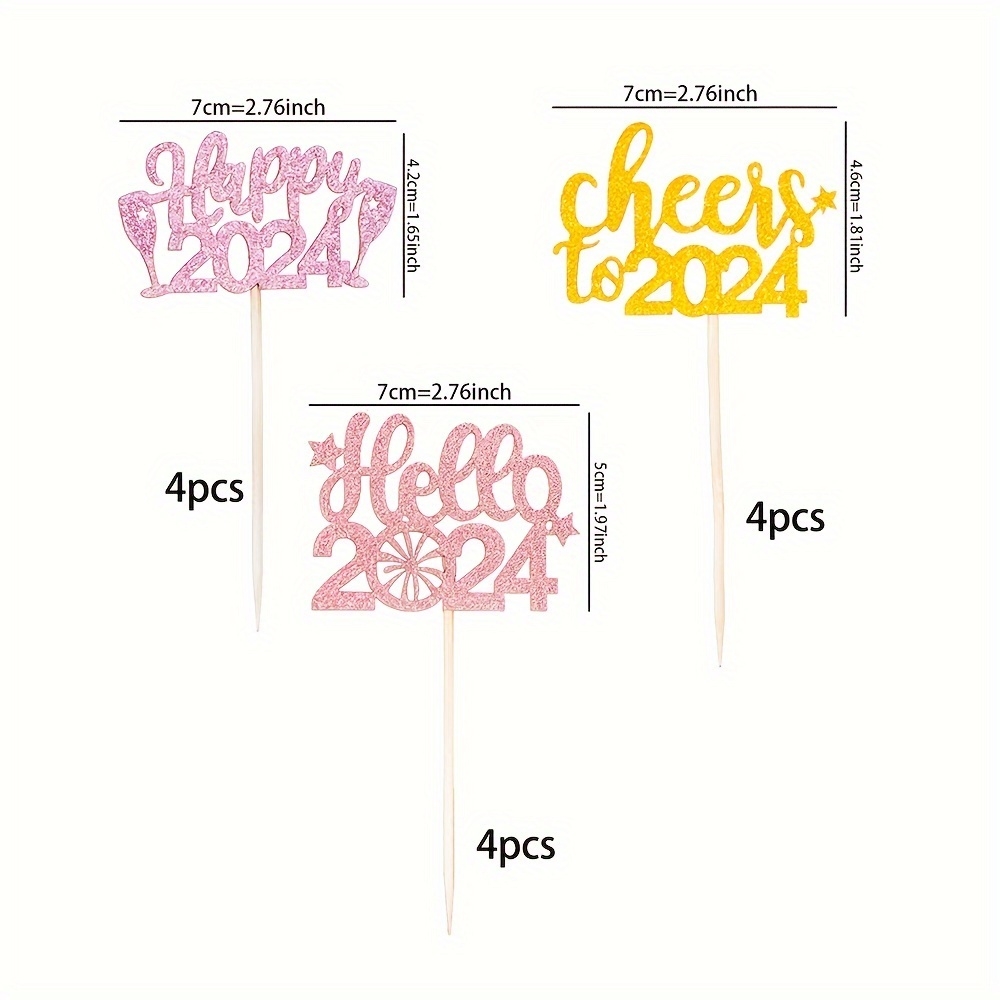 12 Τεμ., Happy 2024 Cupcake Toppers, Glitter Cheers 2024 Hello 2024