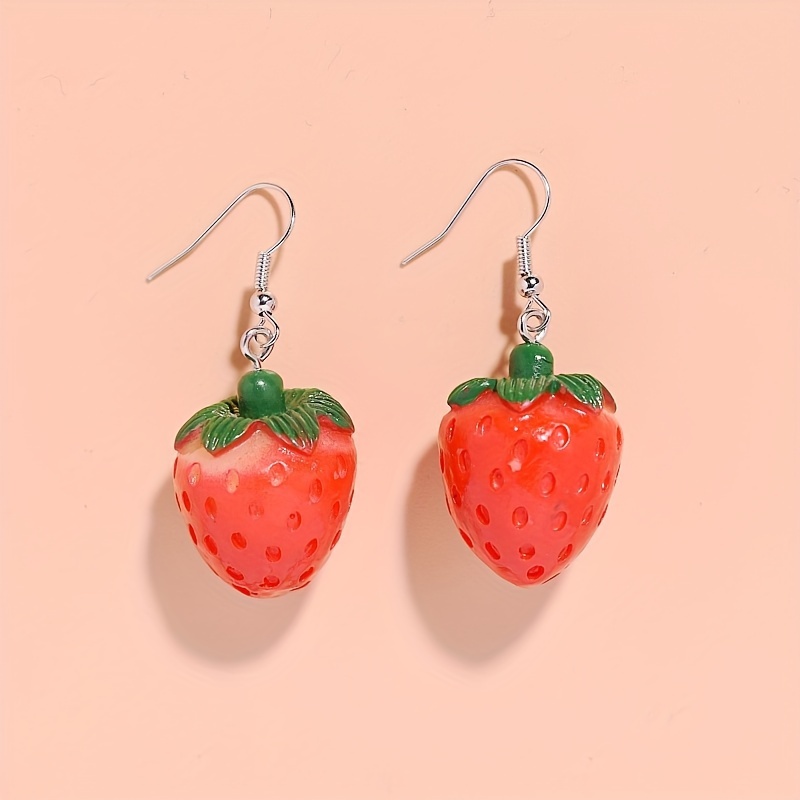 2 Pairs Cute Strawberry Design Dangle Earrings Simple Style Resin Jewelry, Jewels Adorable Gift for Women Girls, Resin, Various Color, Free Returns