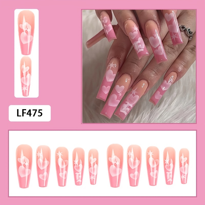 Y2k Press Nails Square Fake Nails Heart Design Glossy - Temu