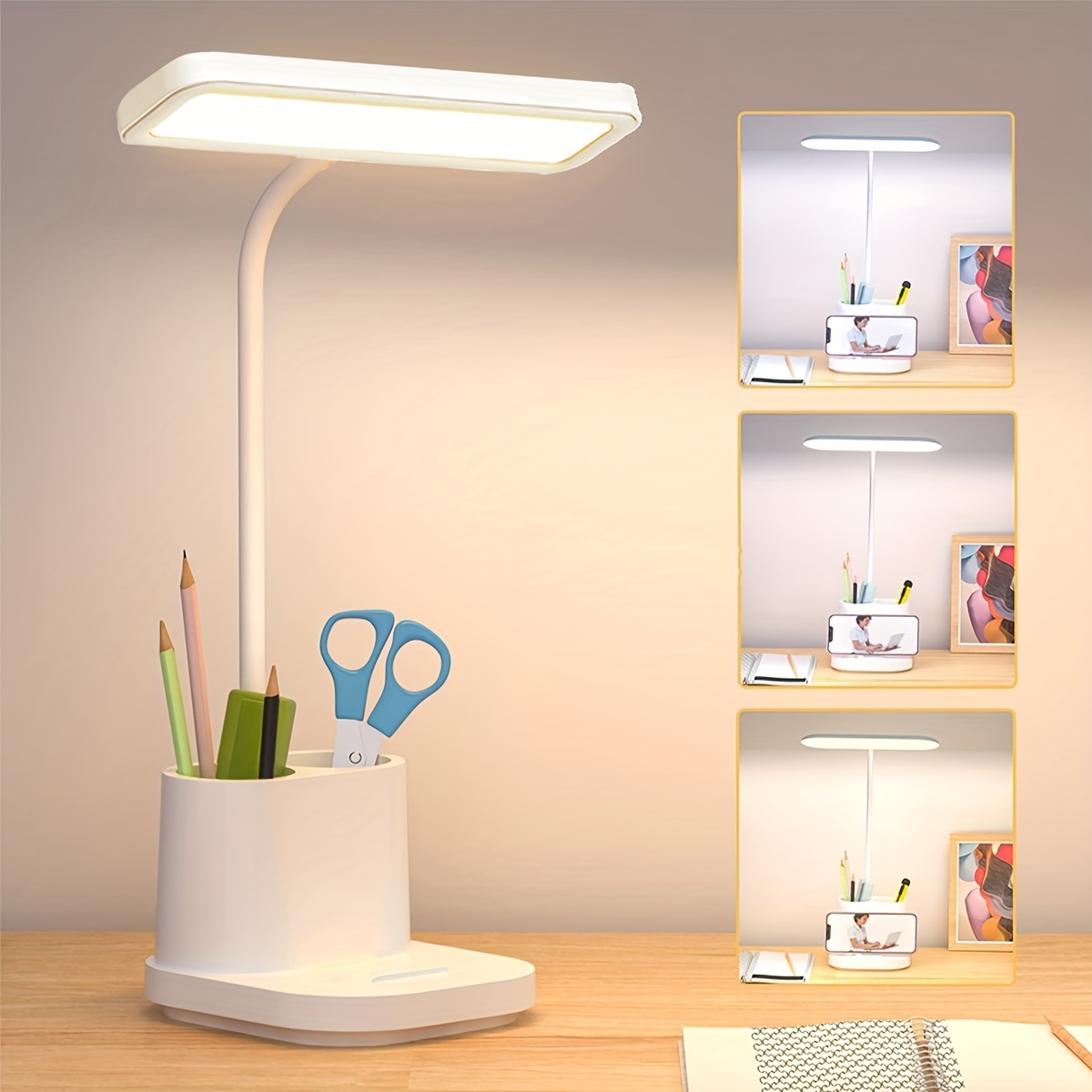 Lámpara de escritorio Led para niña, lámpara de escritorio LED recargable  con puerto de carga USB y soporte para bolígrafo, regulable