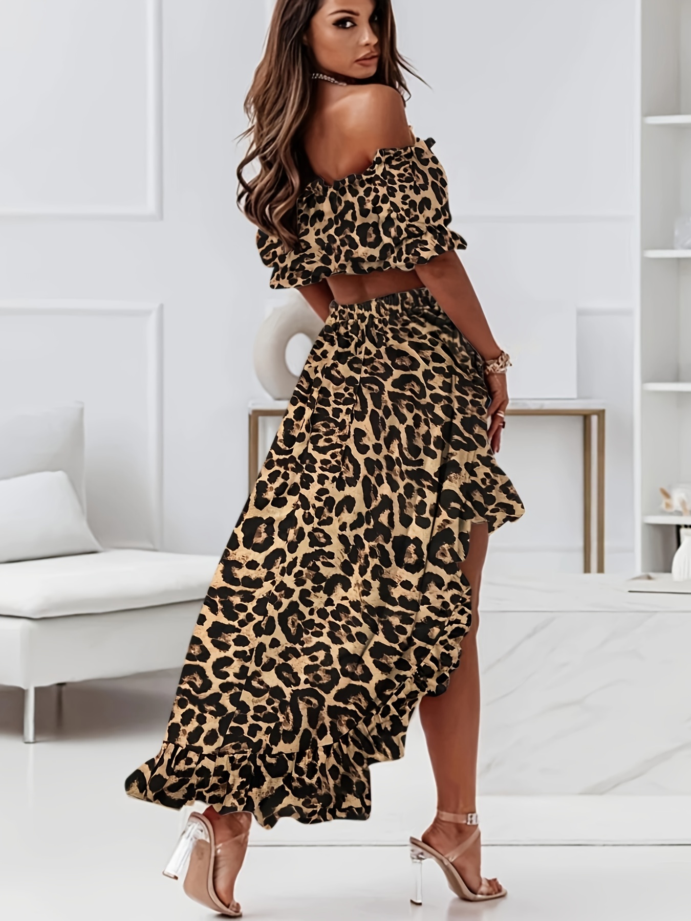 leopard print elegant two piece set shoulder short sleeve Temu - Main Image