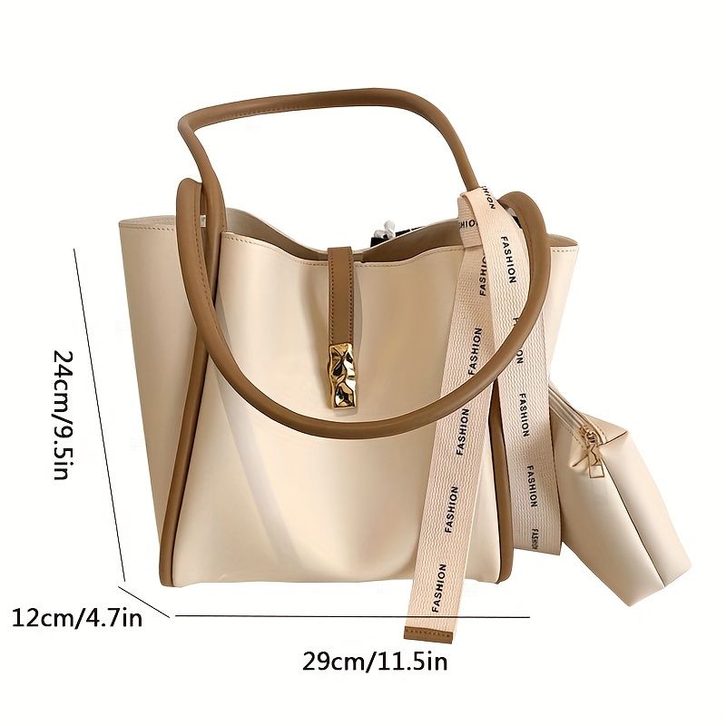 Simple Solid Color Large-capacity Tote Bag, Faux Leather Shoulder
