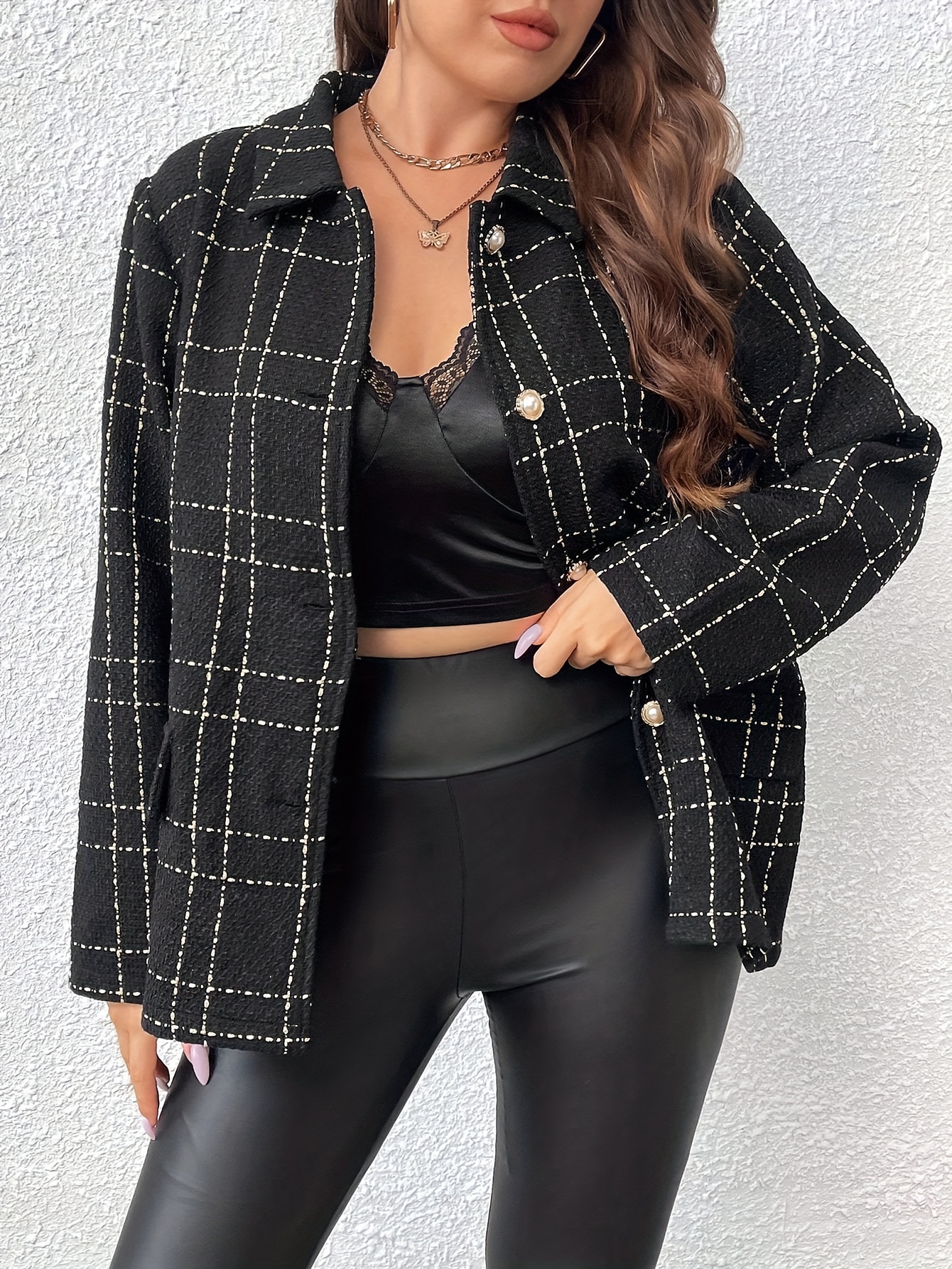 Grid Print Lapel Long Sleeve Coat, Elegant Pocket Buttons