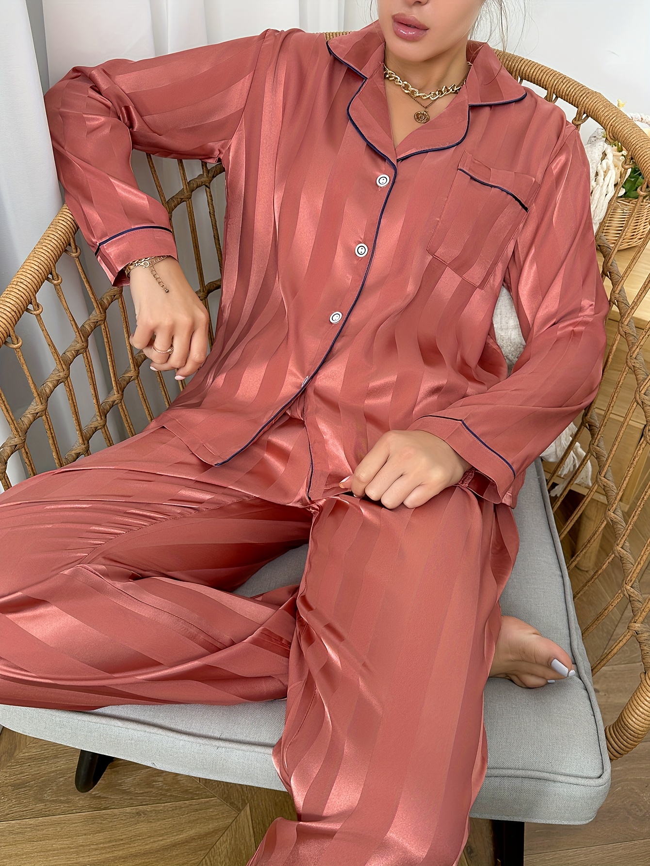 Striped Satin Pajama Set Long Sleeve Buttons Top Elastic - Temu