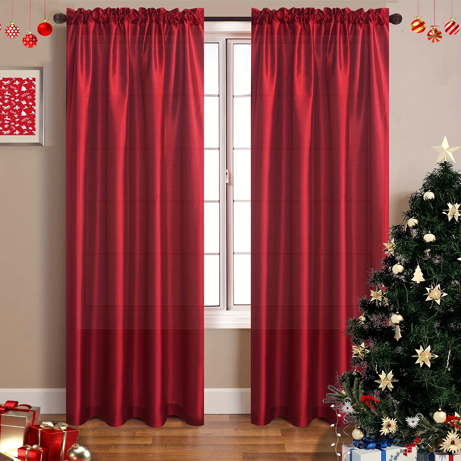 

1pc Christmas Red Decoration Indoor Faux Silk Room Darkening Curtains Solid Color Window Treatment Thermal Insulated Rod Pocket Window Drapes For Bedroom Office Kitchen Living Room Study Home Decor