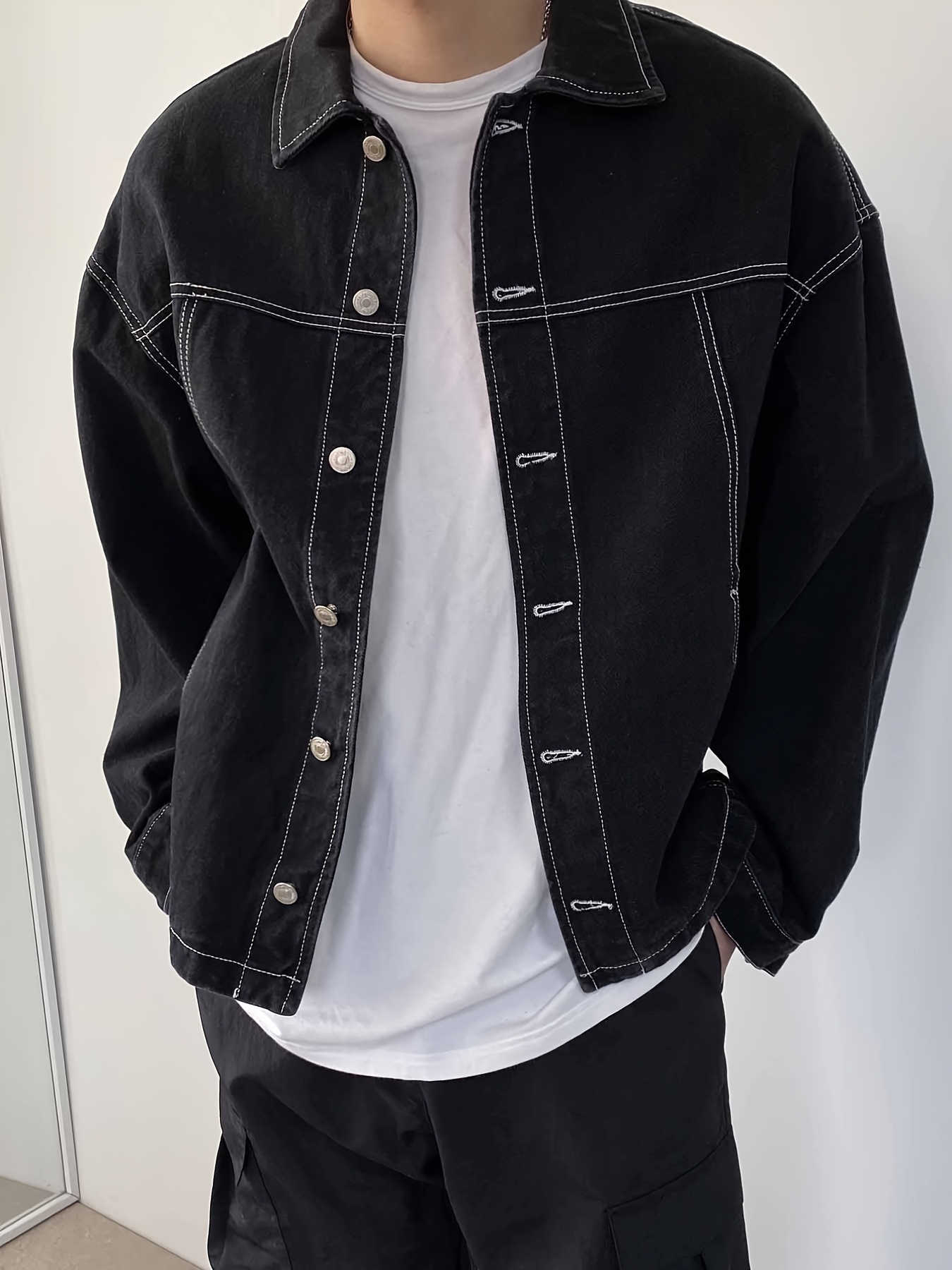 Contrast Stitch Denim Jacket, Men's Casual Street Style Turndown