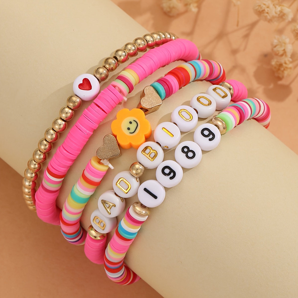 5pcs Boho Style Beaded Bracelet Set with Colorful Soft Clay Beads Stackable Hand String,Temu