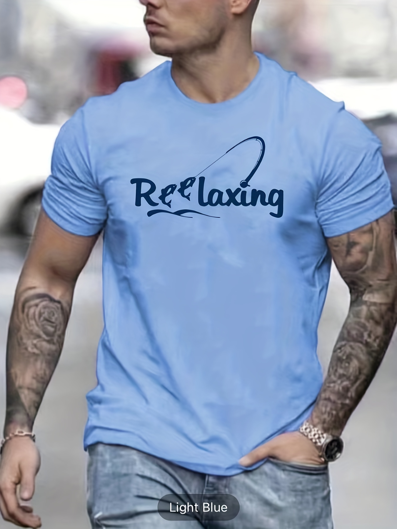 Relaxing' Fishing Print Tee Shirt, Tee For Men, Casual Short Sleeve  T-shirt For Summer Spring Fall, Tops As Gifts