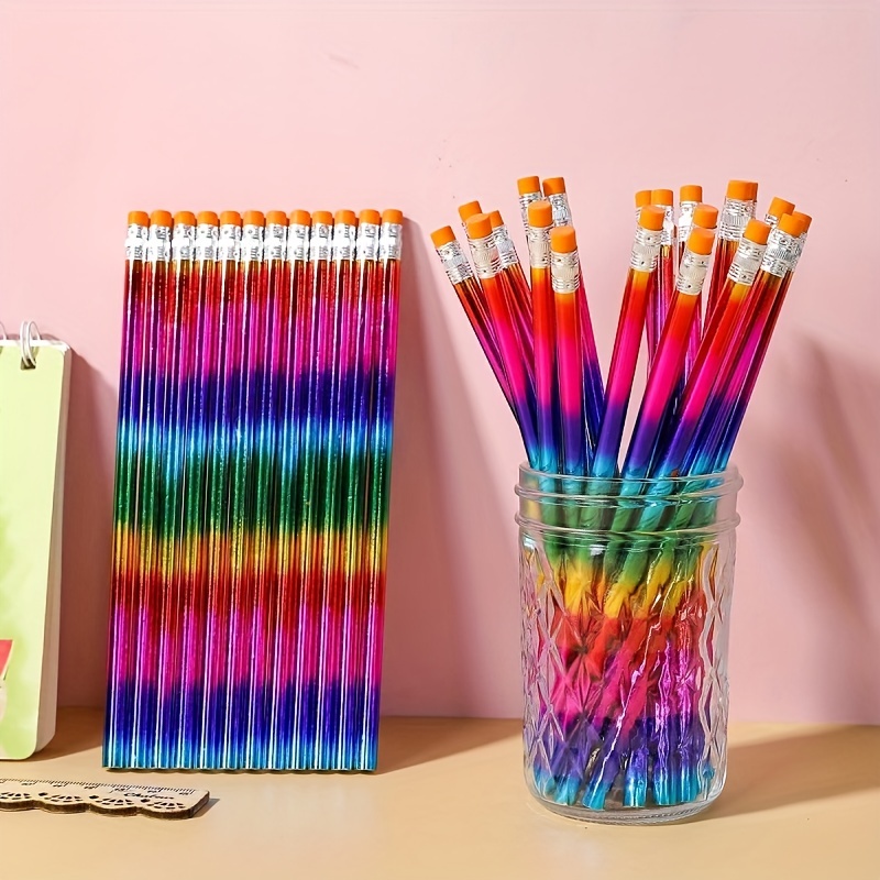 Hb Circular Wooden Pencil With An Eraser Rainbow Pattern - Temu