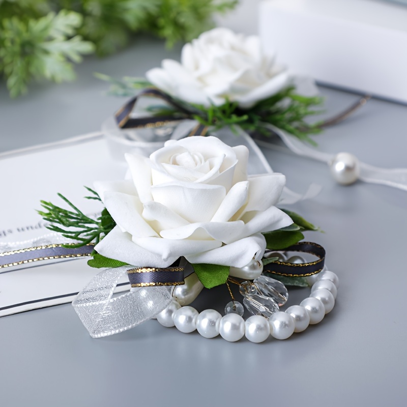2pcs Rose Wrist Corsage and Boutonniere Set Artificial Corsage Wristlet  Band Bracelet for Wedding Flowers Ceremony Accessories Prom Suit  Decorations 
