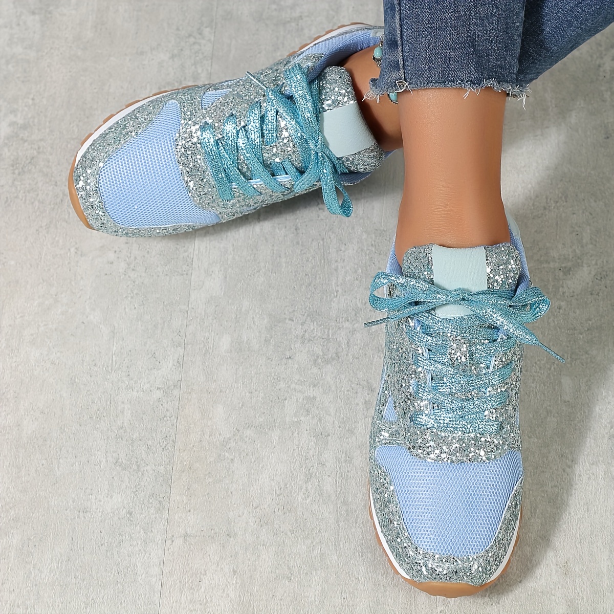 Solid Color Sequins Glitter Sneakers, Women's Decor Stylish Lace Up Lightweight Sport Sneakers,Women Tennis Shoes,Temu