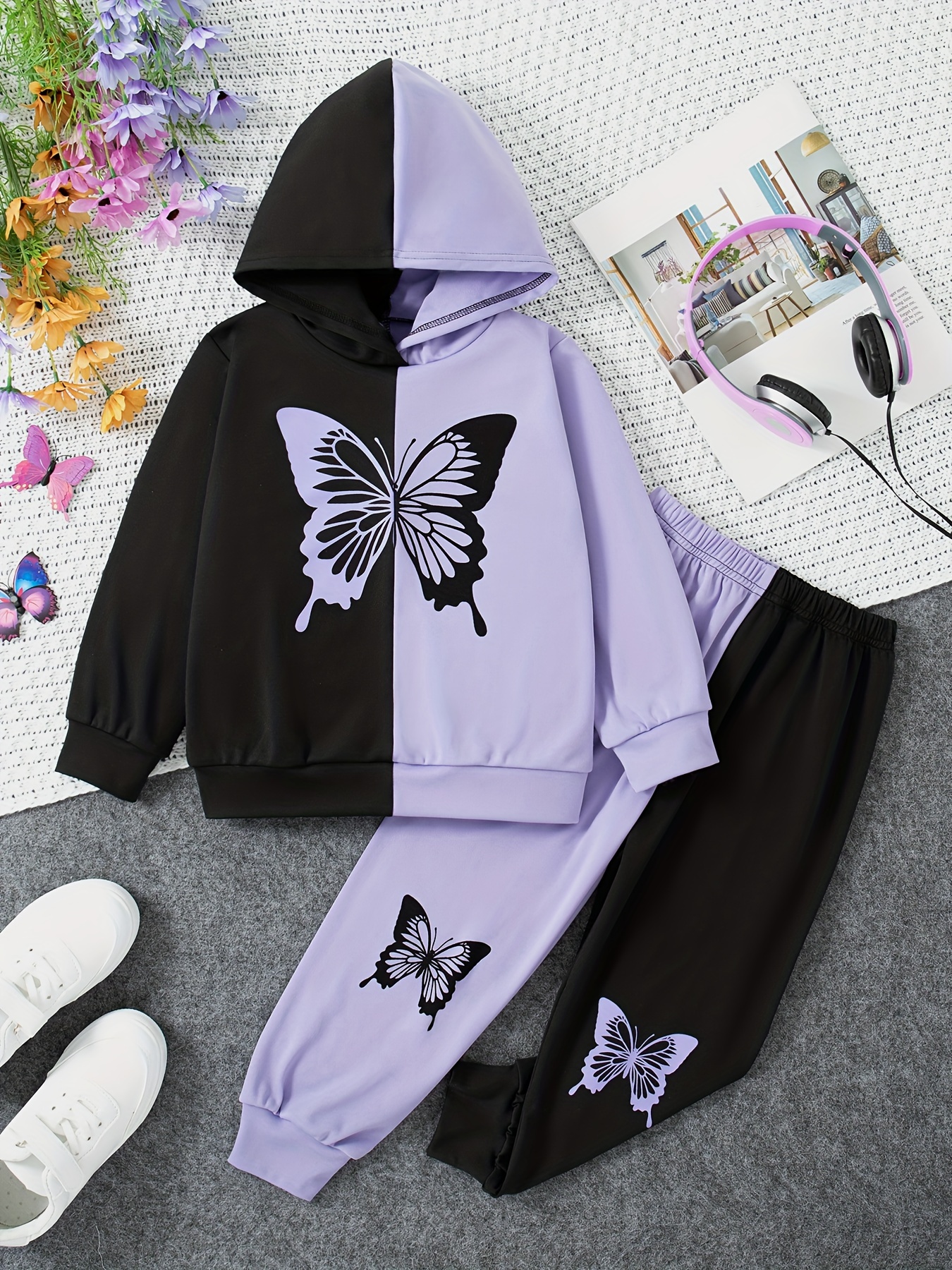 Girls' Peach Love Butterfly Print Top Splicing Flare Pants - Temu