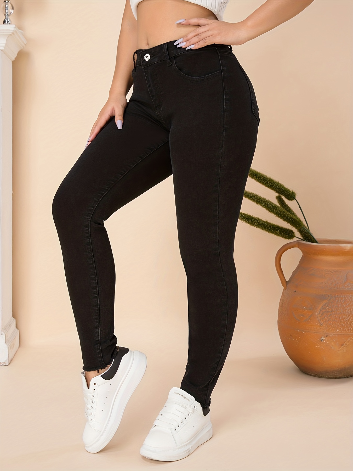 Jeans Ajustados Negros Elásticos Tiro Alto Pantalones - Temu Mexico