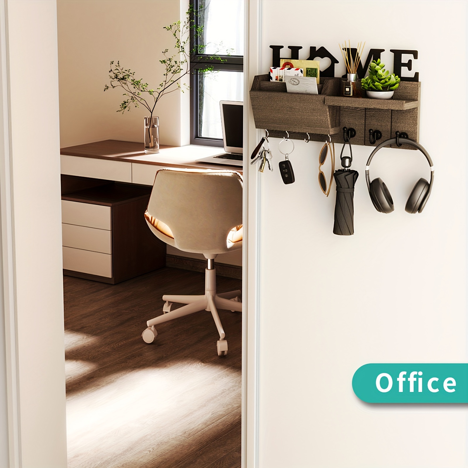 Wooden Wall-Mounted Key Holder Set with 7 Hooks for Keys and Mail