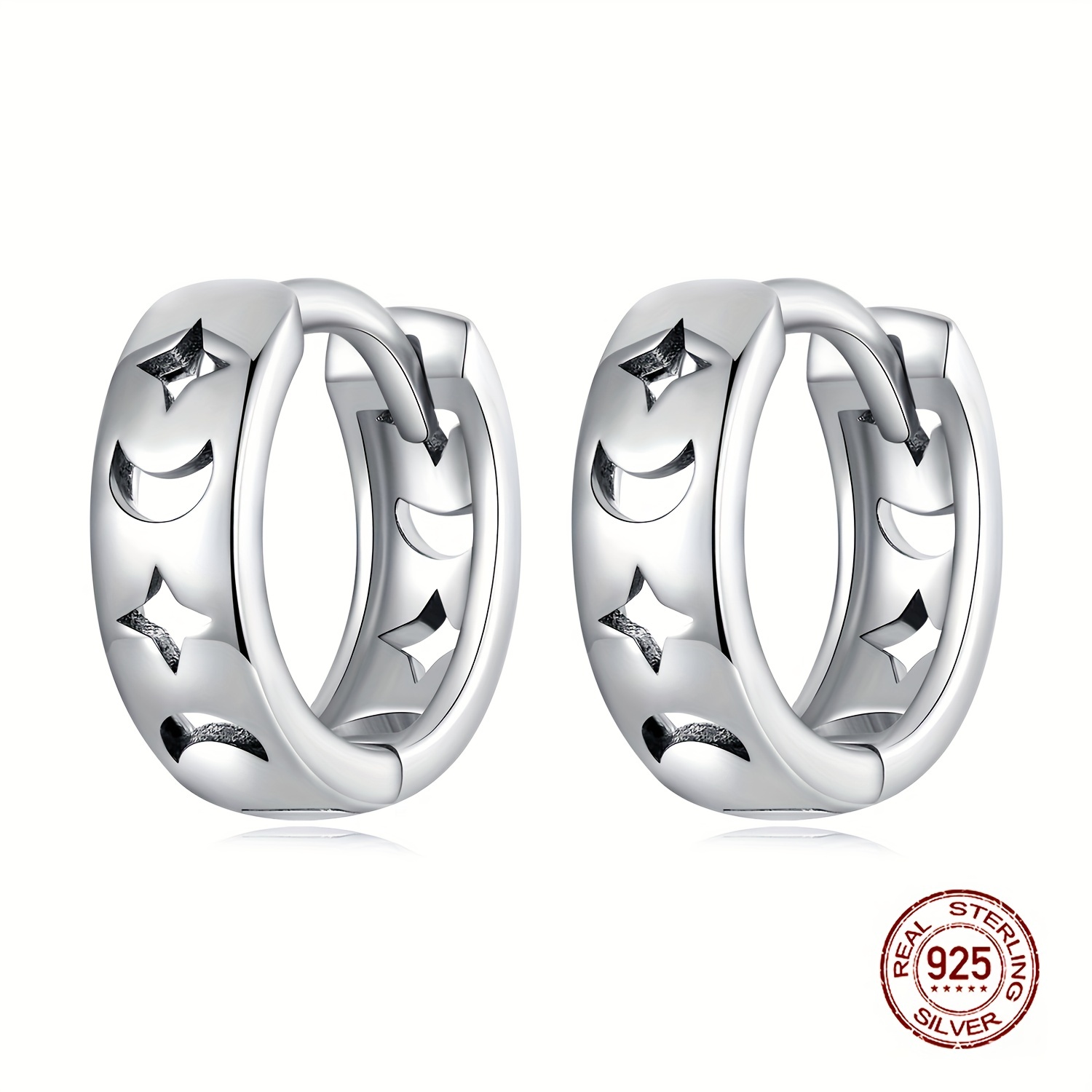 925 Silver Hollow Star Moon Pattern Earrings Daily Casual