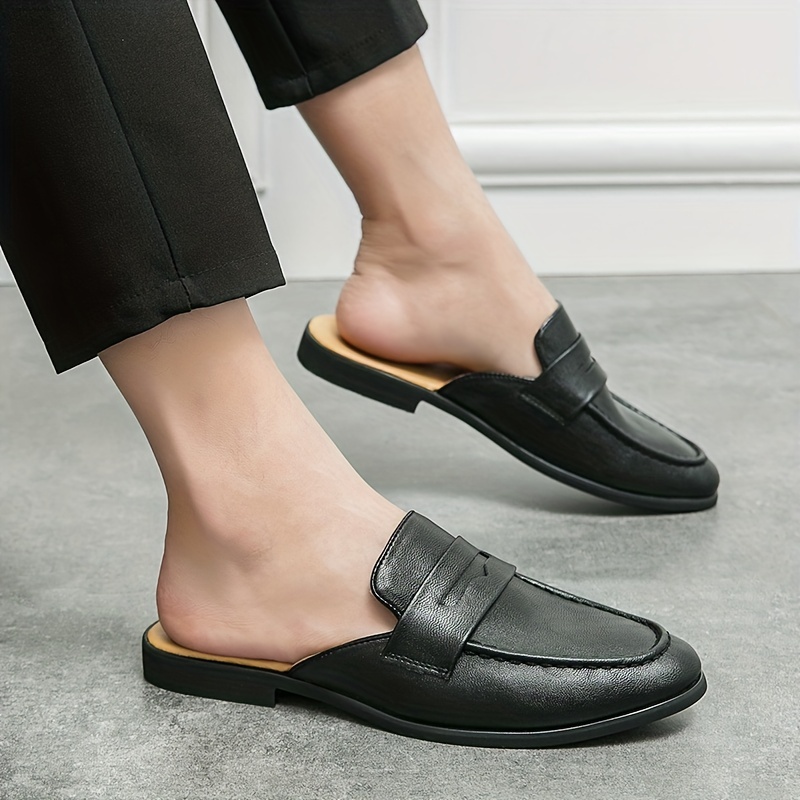 Black Leather Mens Formal Slip On Flats Sandals Loafers Shoes