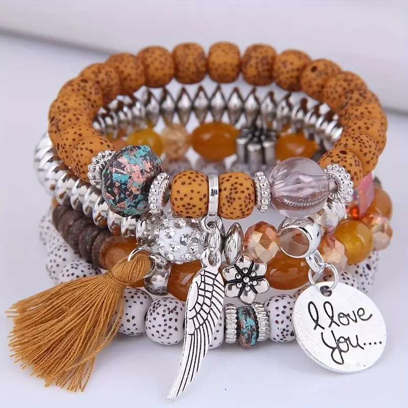 4pcs set disc love wings tassel volcano stone beads bracelet pink multicolor beads retro bohemian holiday gift for girls details 6