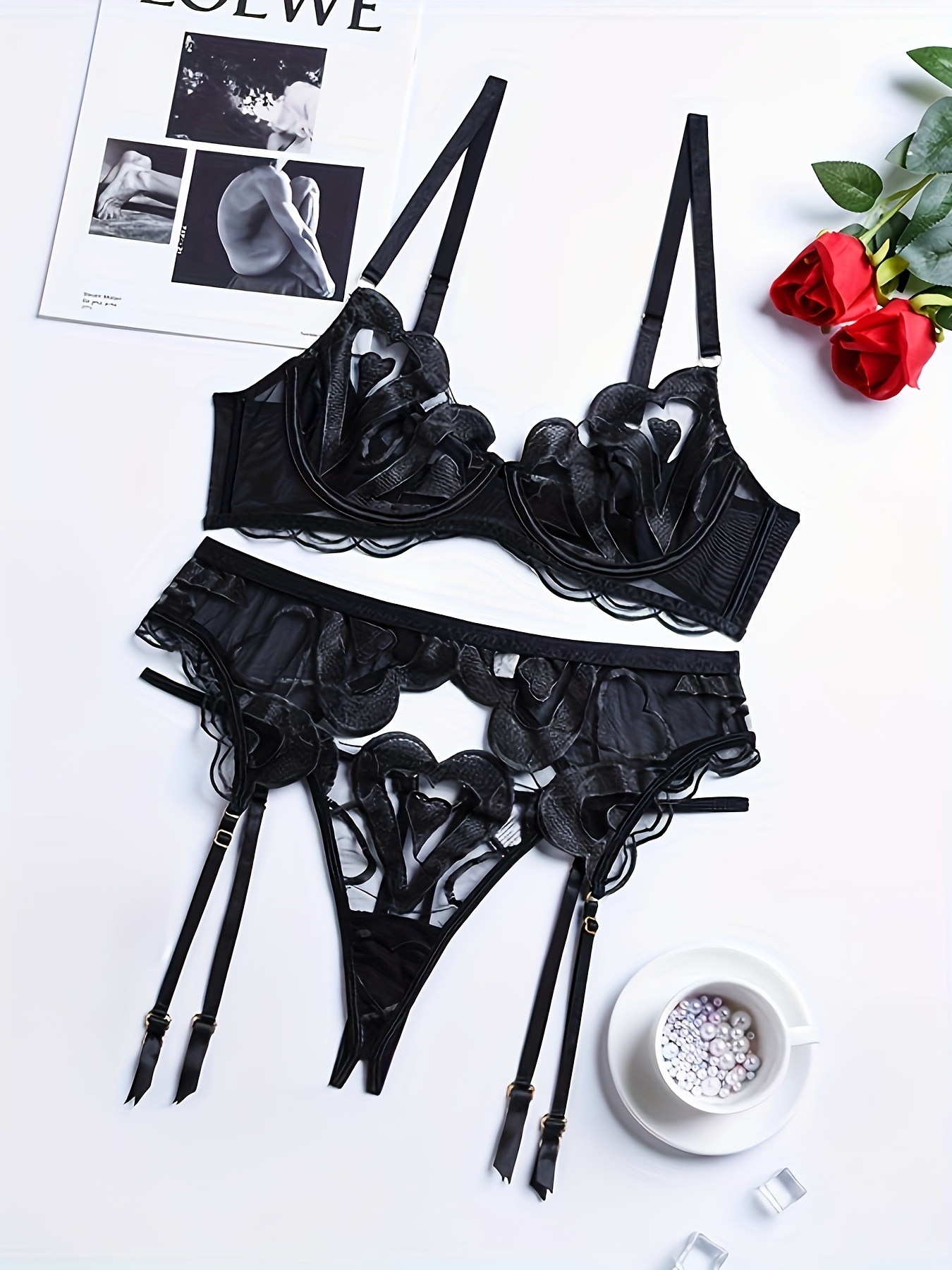 Sexy Applique Embroidered Underwire Push Up Garter Belt Lingerie Set For  Women Mesh Sheer Bra Panty 