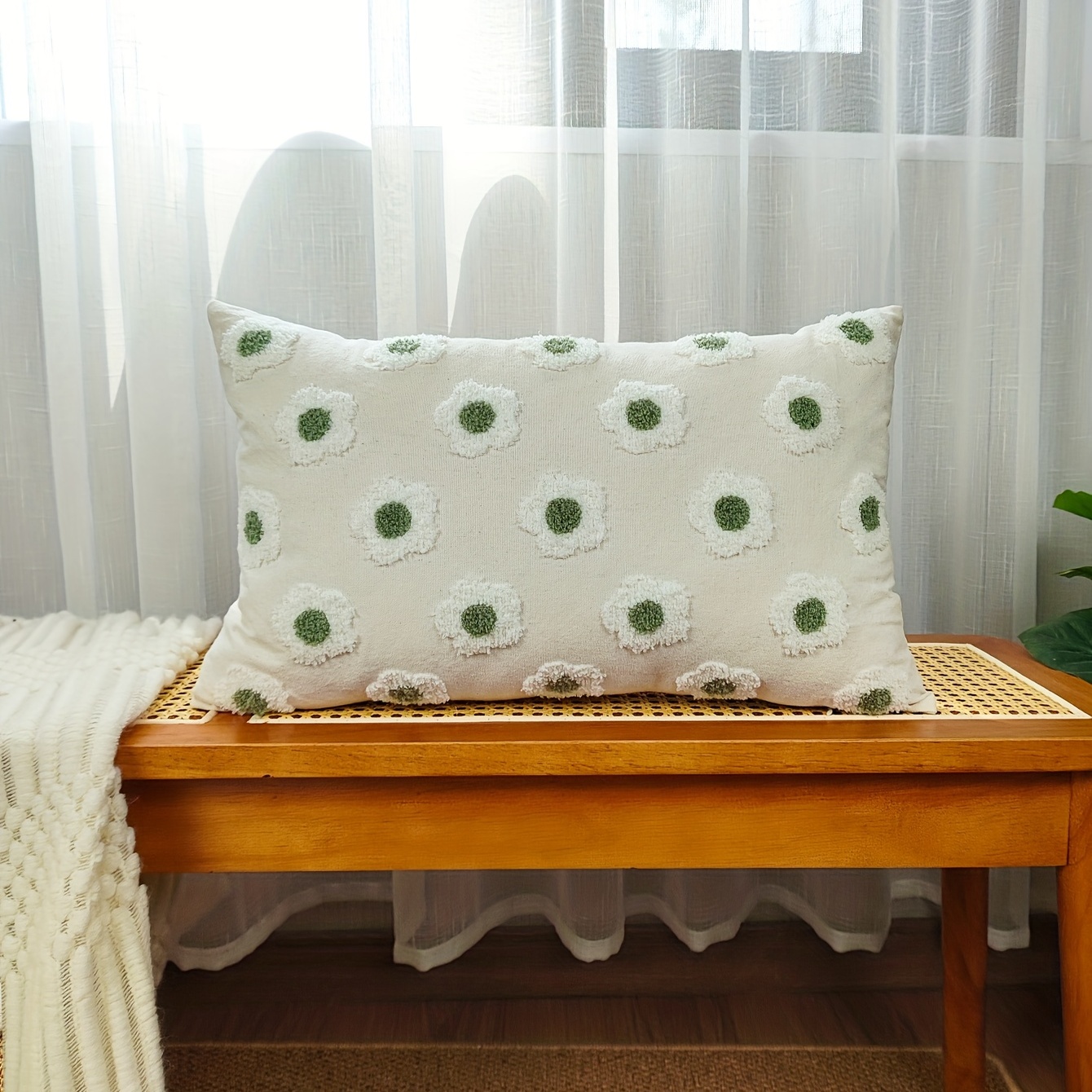 Floral Embroidered Cushion Cover Without Filler, Green Soft