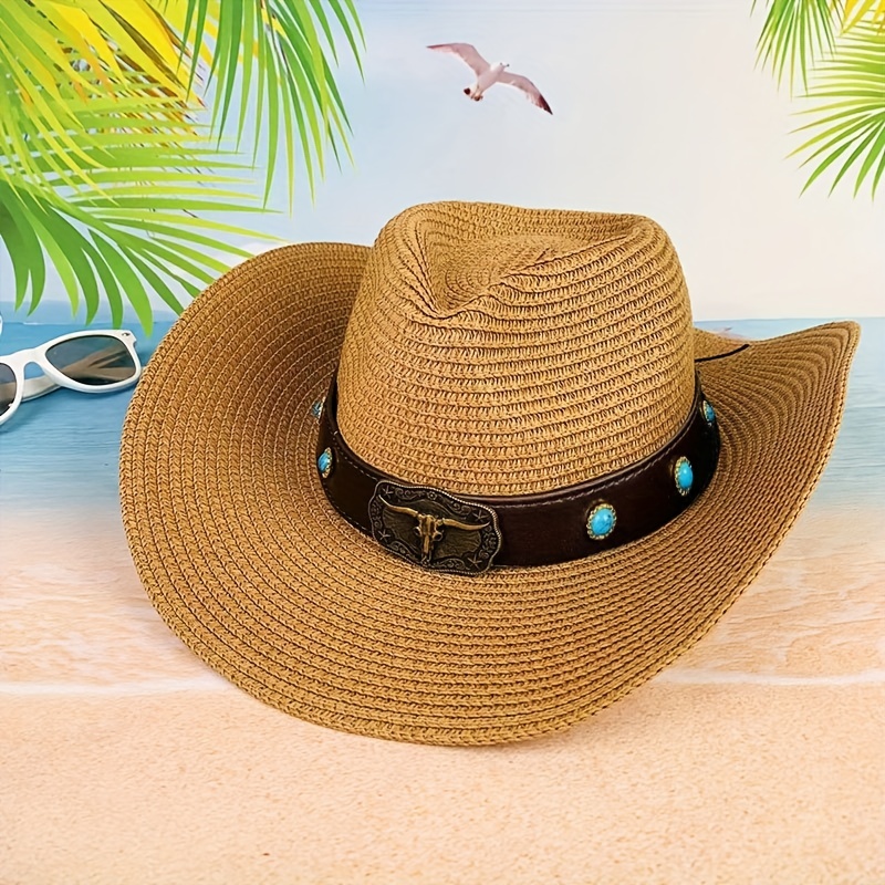 Cattle Head Decor Straw Hat Sunshade for Travel Seaside Unisex