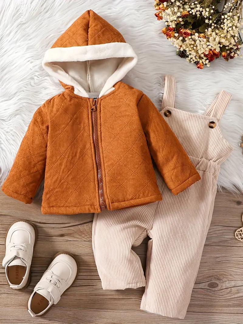 baby boys and girls overalls rhombus design fleece zip up hooded coat top two pieces set kids clothes autumn and winter details 5